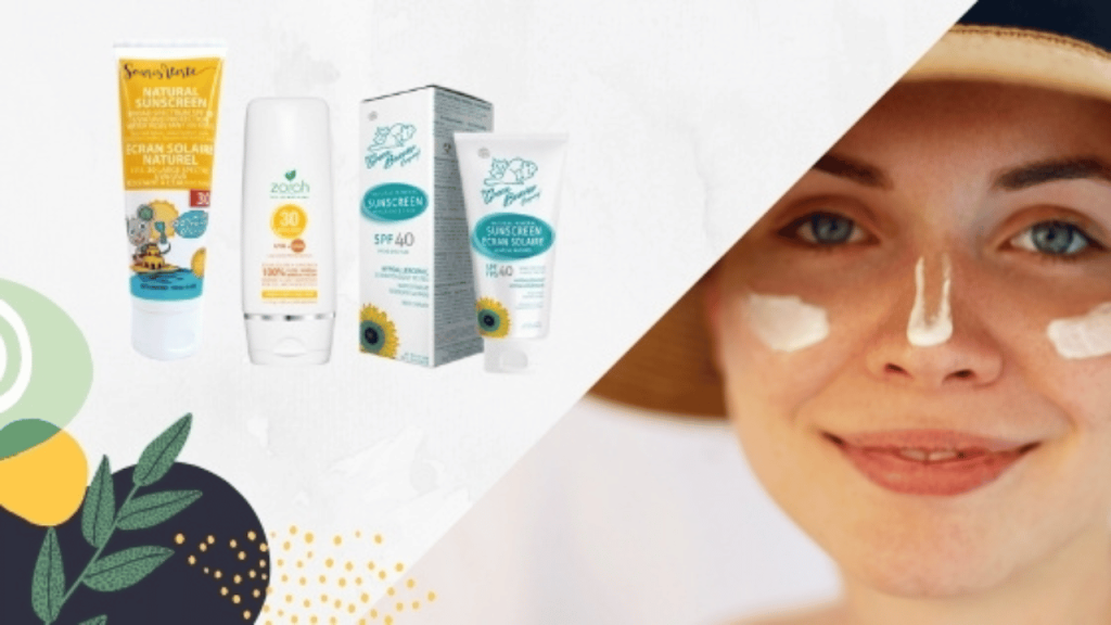 Tubes de crème solaire naturels sur fond blanc séparés obliquement d'une image du visage d'une jeune femme ayant des traits de crème solaire